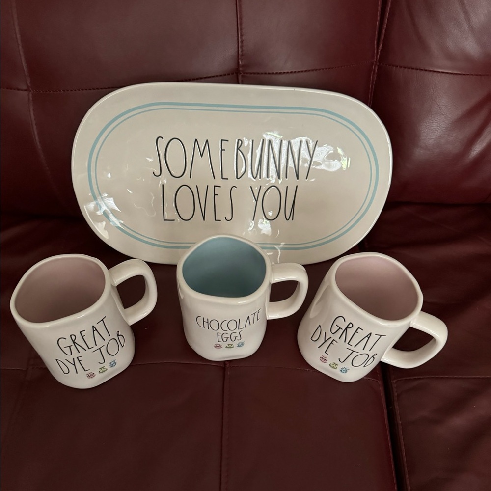 Rae Dunn mugs and platter